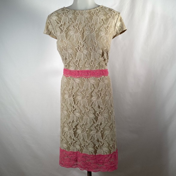 Danny & Nicole Shift Dress in Tan and Fuchsia Lace Overlay sz 16 - Picture 12 of 12
